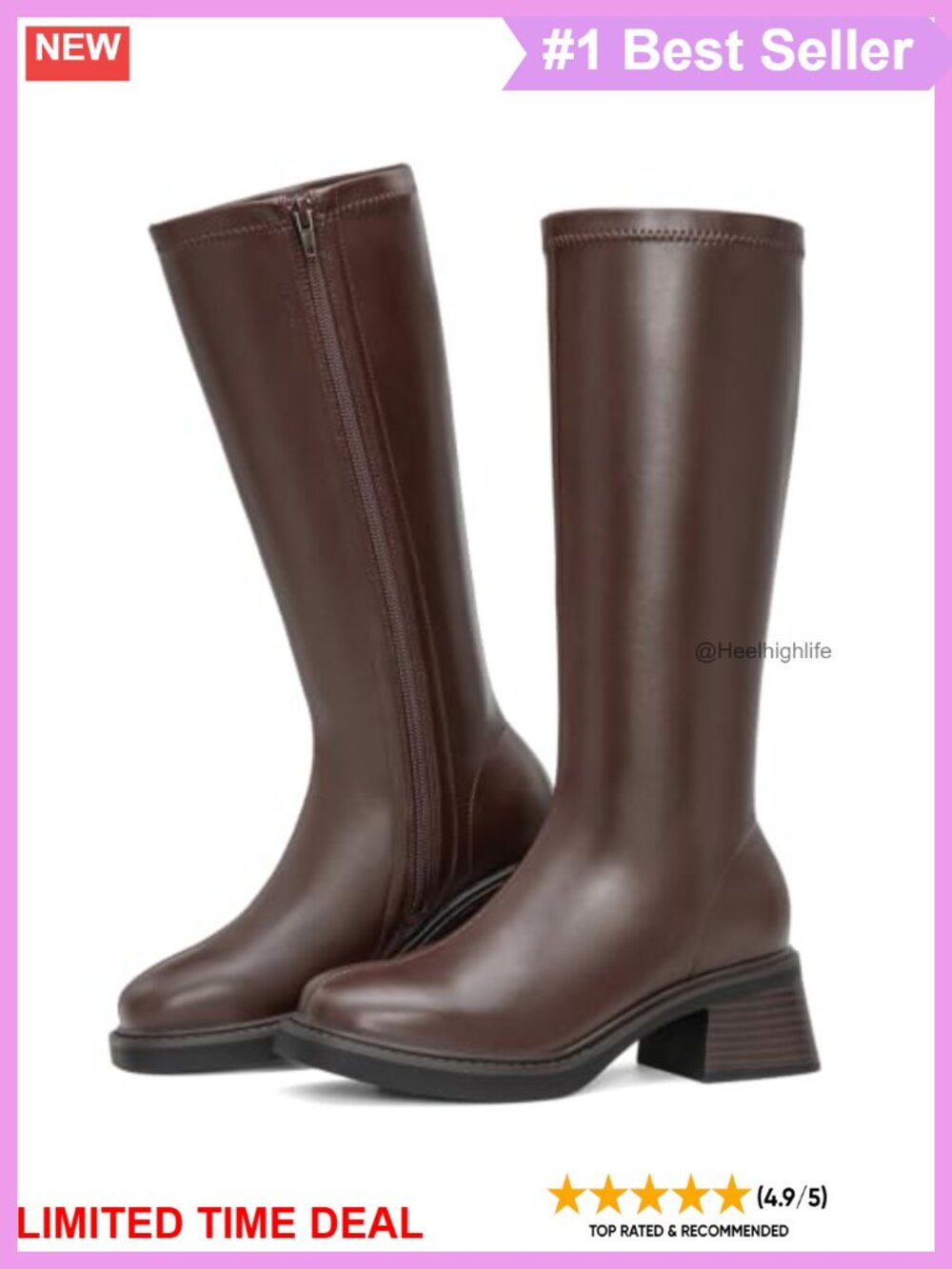 Women's Block Low Heel Knee High Boots Square Toe Riding Boots Faux Leather